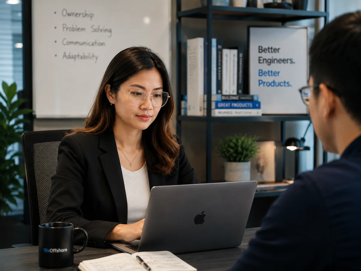 A 10xOffshore technical hiring expert interviewing an engineering candidate